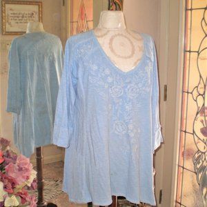 Baby Blue CAITE Embroidered Tunic Top 100% Cotton Size Large